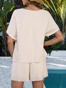 SHEIN VCAY Women's Solid Color Batwing Short Sleeve Top And Shorts Two-Piece Set For Vacation - Khaki - View 2