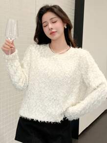 DAZY 女士纯色圆领长袖毛衣，秋装 - 白色 - 查看 1