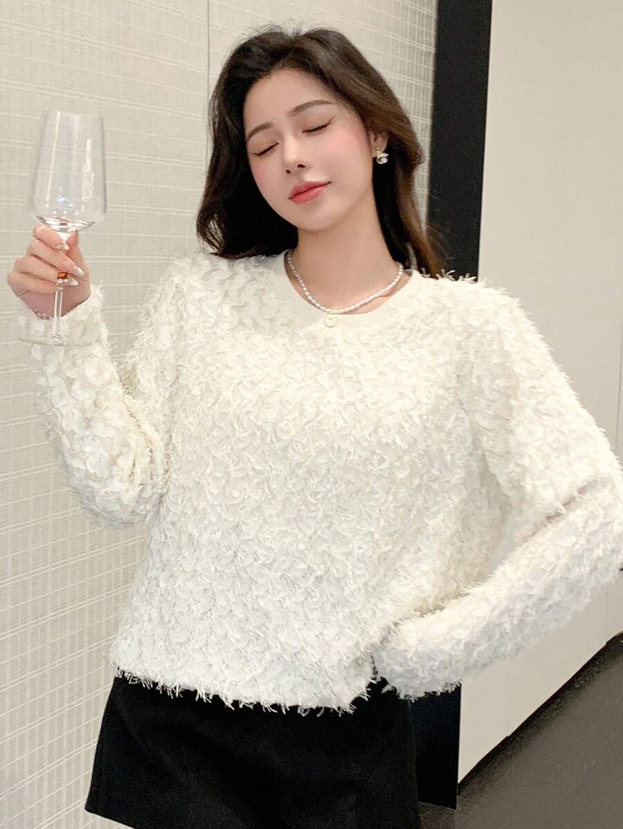 DAZY 女士纯色圆领长袖毛衣，秋装 - 白色 - 查看 1