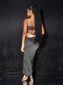 SHEIN Swim Glittering Spaghetti Strap Skirt & Top 2pcs/Set For Summer Beach Vacation - Black - View 2