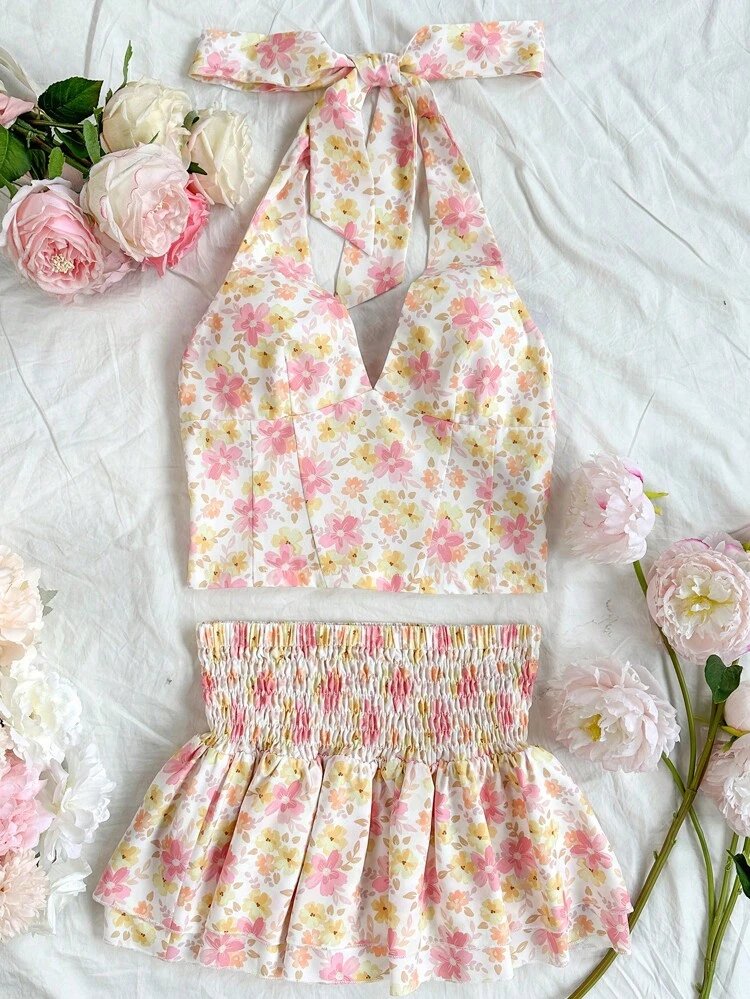 Women's Floral Print Halter Neck Vest Top And A-Line Skirt Set Tea Party Attire