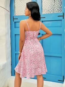 Soleia Wrap Style Ruffle Trim Floral Print Spaghetti Strap Dress With Side Ties - Pink - View 2