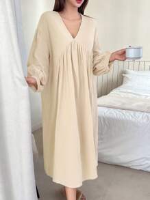 DAZY 女式紋理燈籠袖睡衣 - 卡其色 - 查看 3