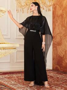 Modelyn Ladies' Solid Color Simple Mesh Jumpsuit - Black - View 1