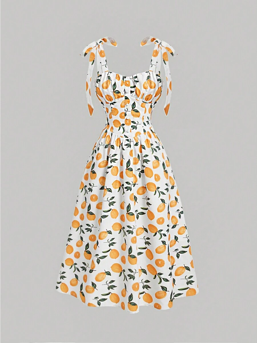 SHEIN MOD 女士水果印花綁帶肩帶無袖連衣裙 - 彩色 - 查看 1