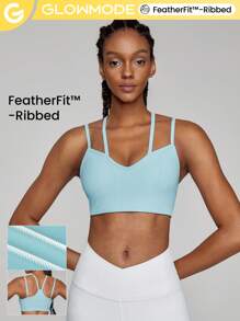GLOWMODE FeatherFit™-Ribbed Heart-Shaped Adjustable Dual Straps Sports Bra Light Support Low Impact Yoga Pilates Studio - Aqua Blue - View 1