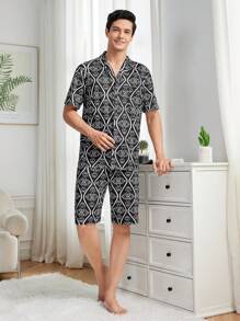 Men's Casual Floral Print Color-Block Short Sleeve Top And Shorts Homewear Set