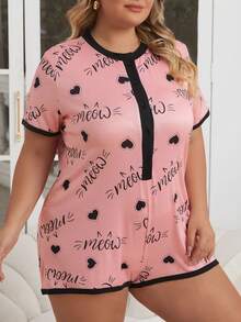 Plus Size Heart Printed Short Sleeves Round Neck One-Piece Pajamas - Pink - View 5
