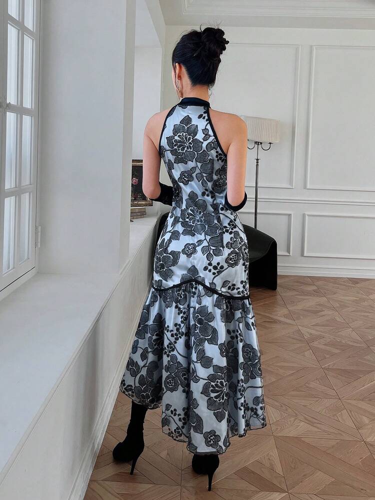Women's Floral Print Halterneck Dress Without Sleeves
