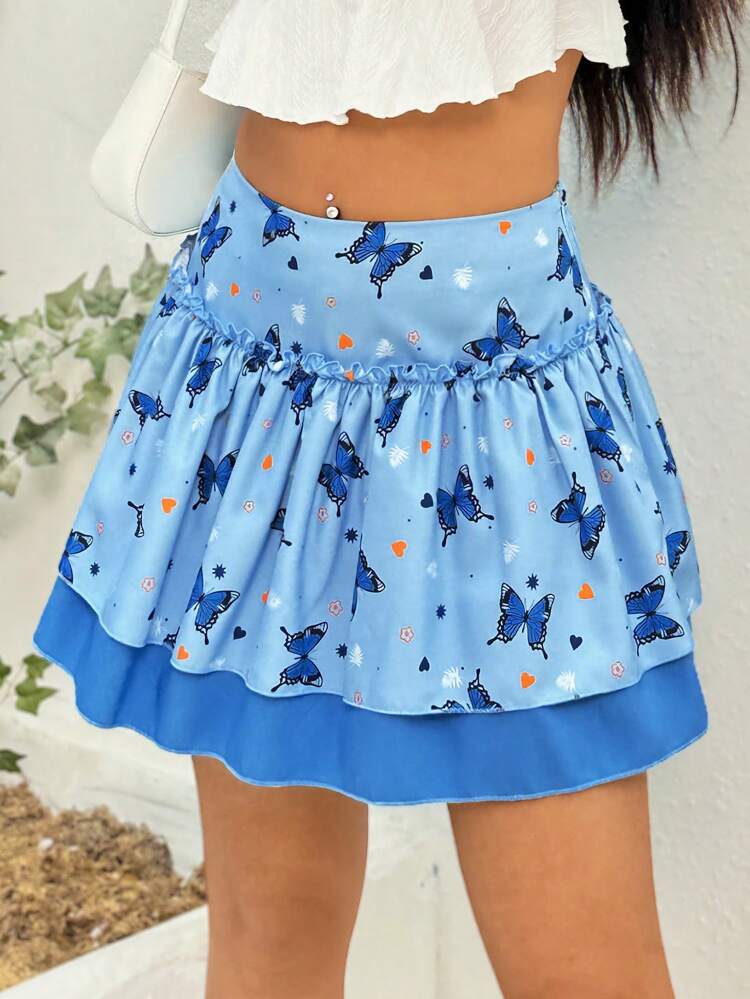 Butterfly Printed Double-Layered Color Block A-Line Skirt
