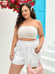 Dreamara Pantalones Cortos De Talla Grande Para Mujer Con Bloque De Color Y Grandes Bolsillos Con Costura - Blanco - Ver 5