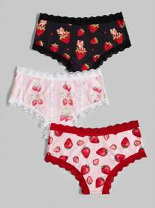 ROMWE Kawaii 3pcs/Set Strawberry Triangle Underwear Set