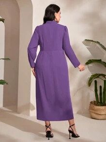 Modelyn Plus Size Women's Stand Collar Puff Long Sleeve Dress - Purple - View 2