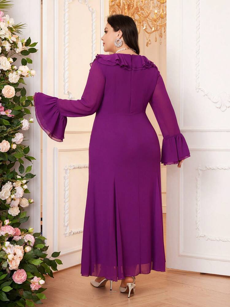Plus Size Women's Arab Garment With Patchwork & Ruffle Trim Flare Sleeves Long Evening Dresses