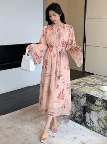 DAZY 度假风雪纺长裙，树叶印花，秋季长袖连衣裙，及地长裙 - 杏色 - 查看 8