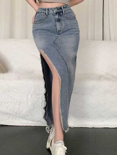 DAZY Women's Distressed Frayed Hem Denim Skirt With High Slit Summer Jeans Skirt