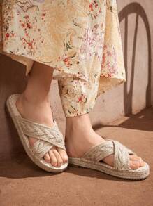 Styleloop Sandalias planas de suela gruesa y trenzadas bohemias y cómodas con cuerda para mujer, para moda de primavera y verano - Albaricoque - Ver 7