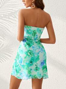 SHEIN VCAY Vacation Spring/Summer Slim Fit Short Length Knitted Mesh Floral Print Strapless Women's Dress - Green - View 2