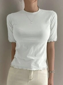 DAZY Camiseta ajustada de unicolor para mujer con bordes con volantes para el verano