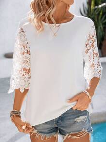 Breezaya Ladies' Lace Splice Short Sleeve Shirt - White - View 4