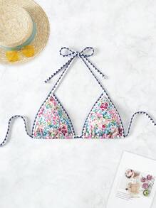 SHEIN Swim Top de bikini halter con estampado floral para playa de verano para mujeres con bloques de color
