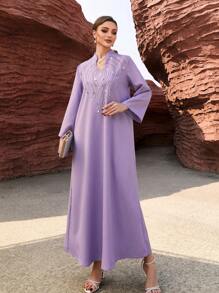 Al Najma 紫色宽松传统卡夫坦，带水钻装饰，朴素长袖阿拉伯连衣裙 - 紫色 - 查看 5