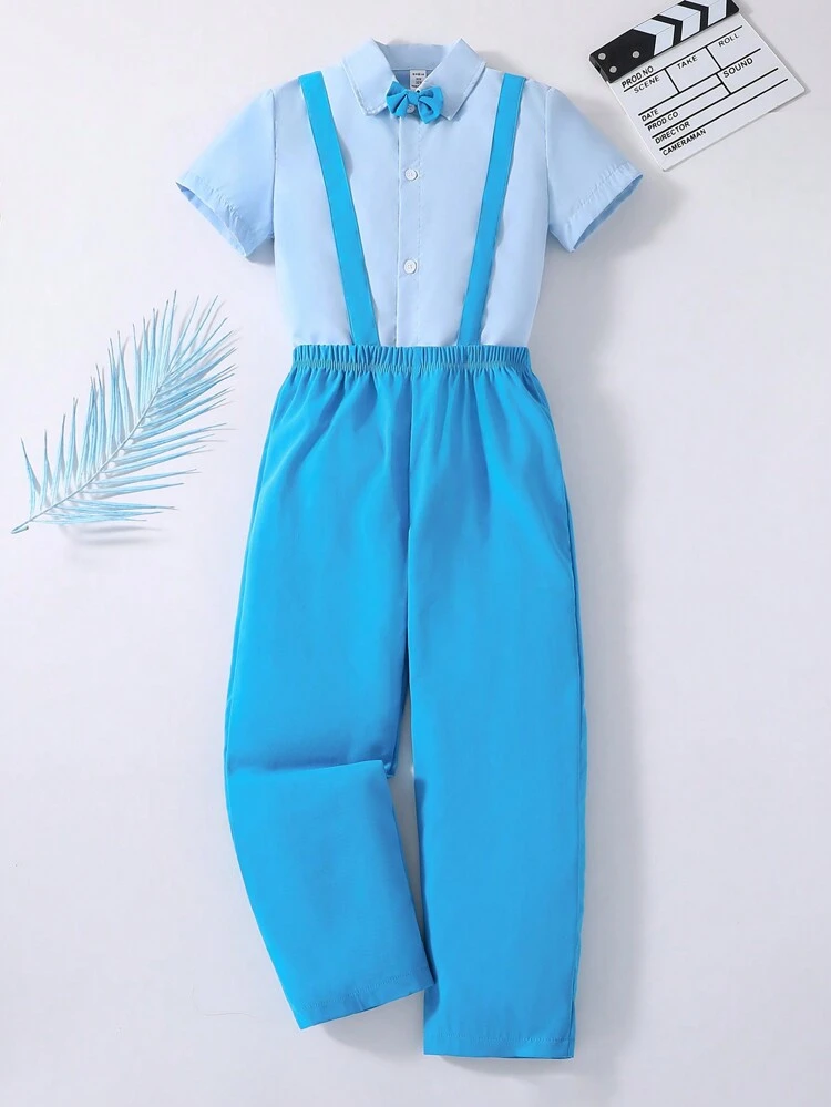 Tween Boy Gentleman Two-Piece Set, Light Blue Short Sleeve Shirt With Bow Tie And Suspenders Shorts, Fashionable For Birthday Party, Evening Party, Wedding And Festival