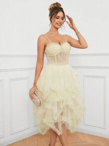 SHEIN Belle Của phụ nữ Màu thuần Xương cá Nhấn Sợi dây Đầm Party Với Dây đai mỏng - Màu vàng - Xem 7