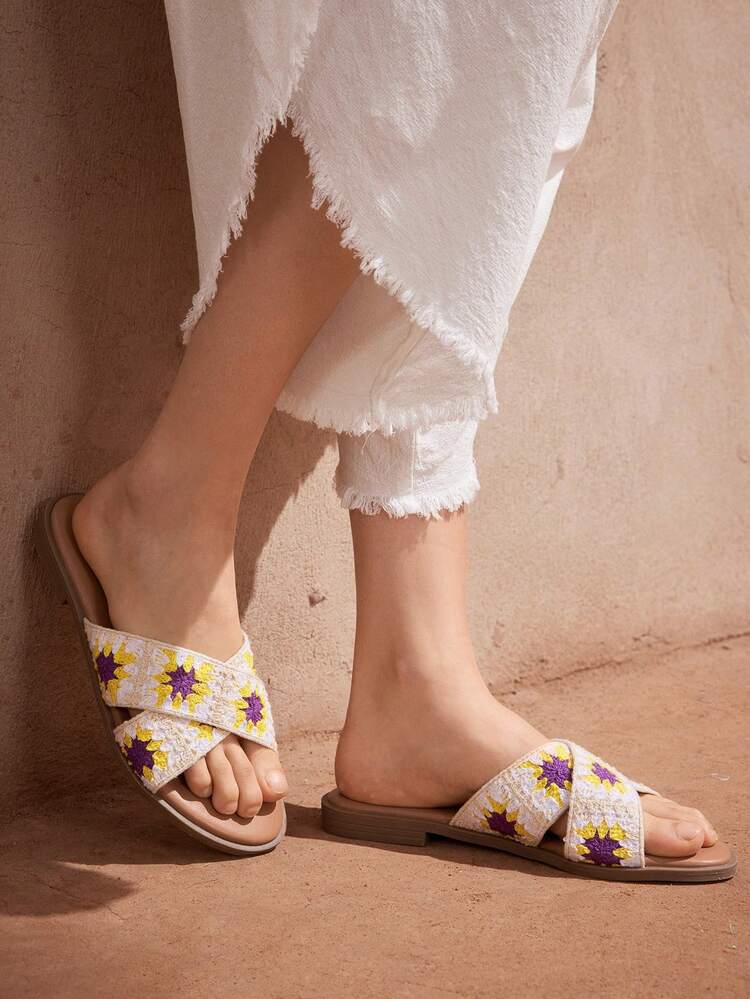 Vacation Slide Sandals For Women, Colorblock Braided Detail Ring Decor Sandals,Women's Fashionable And Comfortable Retro Style Flat Sandals