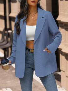 SHEIN Clasi Women's Lapel Collar Long Sleeve Suit Jacket - Dusty Blue - View 6