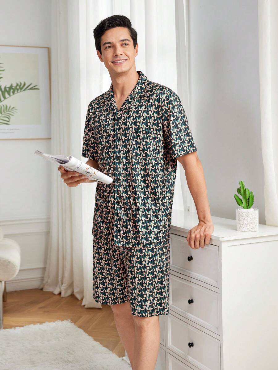 Men's Printed Front Button Shirt And Shorts Pajama Set - Black - View 1