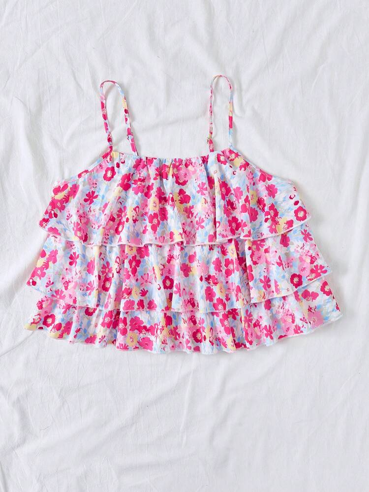 Plus Size Women's Loose Fit Vacation Style Floral Print Cami Top With Ruffle Hem