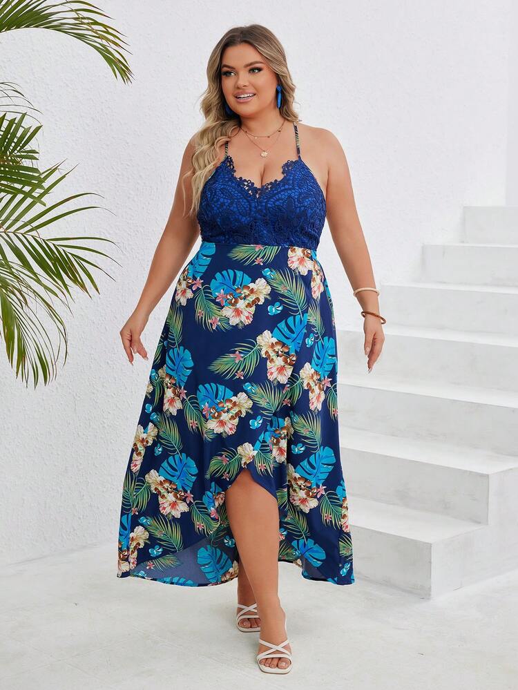 Vacation Plant & Floral Print Plus Size Women's Spaghetti Strap Dress