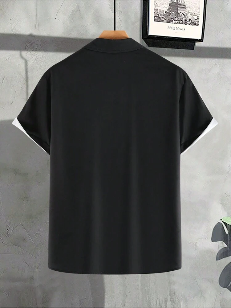Men's Button Up Shirt With Color Block Ed Design And Letter Printing On The Front Short Sleeves