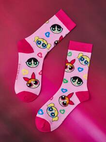 THE POWERPUFF GIRLS X SHEIN 2 Pairs Women's Cute Cartoon Sweat-Absorbent Blossom, Bubbles, Buttercup Pattern Soft Crew Socks, Day,Y 2 K - Multicolor - View 8