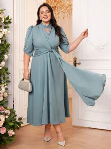 Modelyn Plus Size Plain Color Keyhole Neckline Dress With Cap Sleeves & Tie Waist - Green - View 1