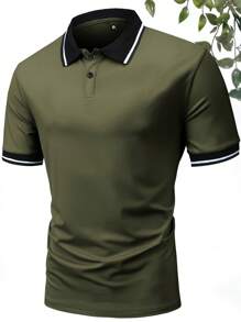 Set de 4 camisas polo de manga corta y coloridas para hombres, de cuello clásico, tela ligera, con bloques de color, fashionables y versátiles para vacaciones, exteriores, verano - Verde Oliva - Ver 2