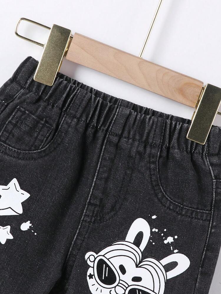 Baby Girl Casual And Comfortable Street-Style Wide Leg Black Jeans With Prints