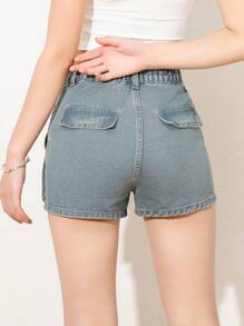 Teen Girl's Denim Shorts With Large Cargo Pockets - Medium Wash - View 2