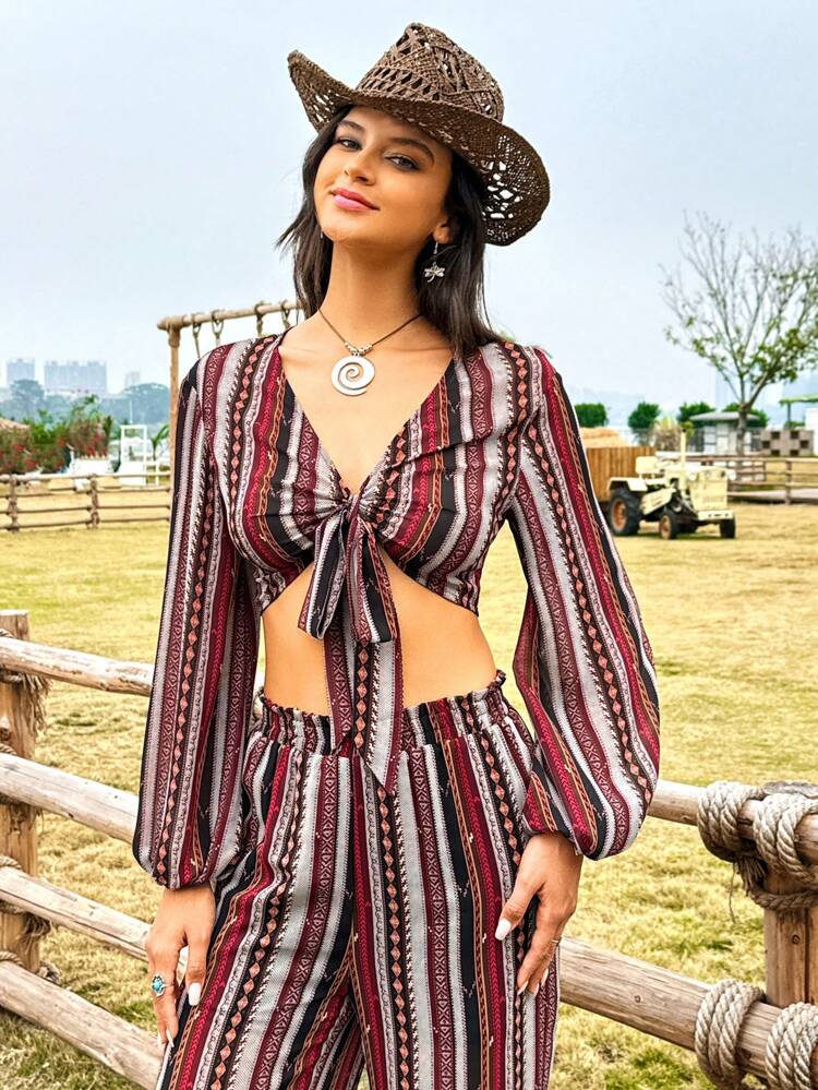 Vintage Printed Knotted Cropped Lantern Sleeve Blouse Western Spring Break Concert Outfits Festival Outfits