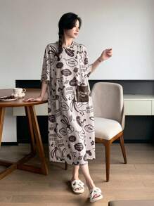 DAZY Women's Cute Cartoon Rabbit Pattern & Letter Print Pocket Design Loose Sleep Dress Summer, Moo Moo Sleep Dress Pajama - Beige - View 6