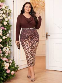 Modelyn Plus Size Draped Collar Long Sleeve Patchwork Leopard Print Dress Long Evening Dresses - Coffee Brown - View 4