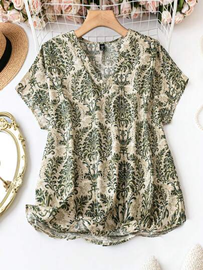 Plus Size Women's Bat Sleeve Shirt With Plant Prints For Summer
