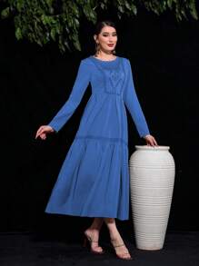 Al Najma Arabian Dresses Kontras Lace Ruffle Hem Plain Anggun - Biru - View 5