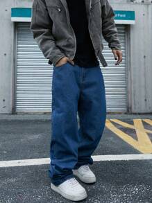 Manfinity EMRG 男士牛仔裤，带侧袋，纯色深蓝色长款宽松深色洗水牛仔裤，洗水工装牛仔裤，适合送给丈夫、男朋友的礼物