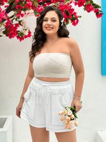 Dreamara Pantalones Cortos De Talla Grande Para Mujer Con Bloque De Color Y Grandes Bolsillos Con Costura - Blanco - Ver 4