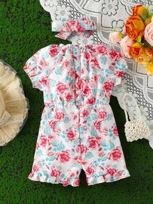 Mùa hè mới Áo liền quần ngắn tay in hoa thanh lịch dễ thương có dây đeo đầu cho bé gái - Nhiều màu - Xem 2