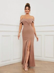 SHEIN Belle Màu thuần Dài Đầm Với Mở Khe Và Off Shoulder Dây đeo - Bụi hồng - Xem 4