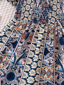 Young Girls' Printed Puff Sleeves Waist-Cinched Dress - Royal Blue - View 5