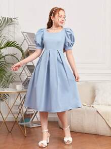 SHEIN Teenager Mädchen Gewebtes Kleid Mit Massiven Farben, Puff-ärmel Und Schleifen Dekoration - Babyblau - Übersicht 5